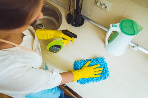 Upholstery stain removal on a sofa using a fabric-safe cleaner