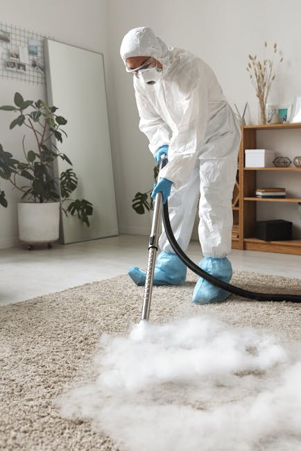 A professional cleaner dressed in full protective white coveralls, face mask, and blue gloves performs surface cleaning on a beige carpet in a modern living room. The cleaner uses a vacuum or steam cleaning tool to deep clean the carpet, which appears fresh and free of dust. The room features a large mirror leaning against the wall, potted plants, and a wooden shelving unit with decorative items, all illuminated by natural light. The scene depicts a thorough and hygienic process of sanitisation and deep cleaning for residential spaces, exemplifying the services offered by Lambeth Carpet Cleaners, as highlighted in the Brixton SW2 carpet cleaning guide for flats and landlords.