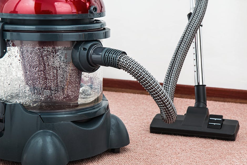 A professional cleaner dressed in full protective white coveralls, face mask, and blue gloves performs surface cleaning on a beige carpet in a modern living room. The cleaner uses a vacuum or steam cleaning tool to deep clean the carpet, which appears fresh and free of dust. The room features a large mirror leaning against the wall, potted plants, and a wooden shelving unit with decorative items, all illuminated by natural light. The scene depicts a thorough and hygienic process of sanitisation and deep cleaning for residential spaces, exemplifying the services offered by Lambeth Carpet Cleaners, as highlighted in the Brixton SW2 carpet cleaning guide for flats and landlords.