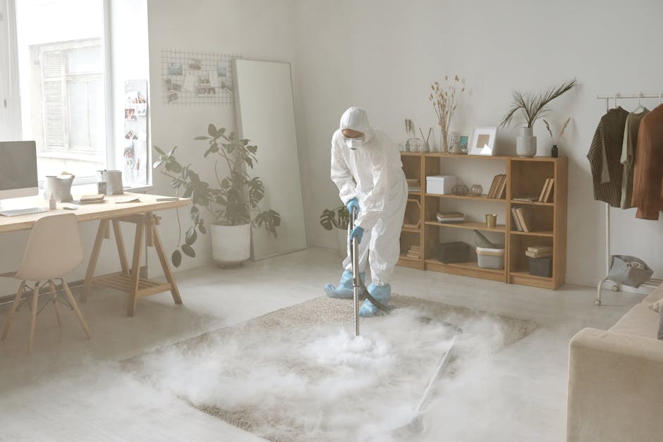 A professional cleaner dressed in a white protective suit, face mask, and blue gloves is using a steam cleaning device on a white area rug in a bright, modern living room. The room features light-colored hardwood flooring, a wooden sideboard with decorative vases and books, a large mirror, a potted plant, a dining table with white chairs, and a window allowing natural light to illuminate the space. The cleaning process appears thorough, with visible steam or mist spreading across the rug, indicating deep surface cleaning and sanitisation. Lambeth Carpet Cleaners specializes in domestic cleaning services, ensuring high hygiene standards and surface freshness, as reflected in this detailed cleaning scene.